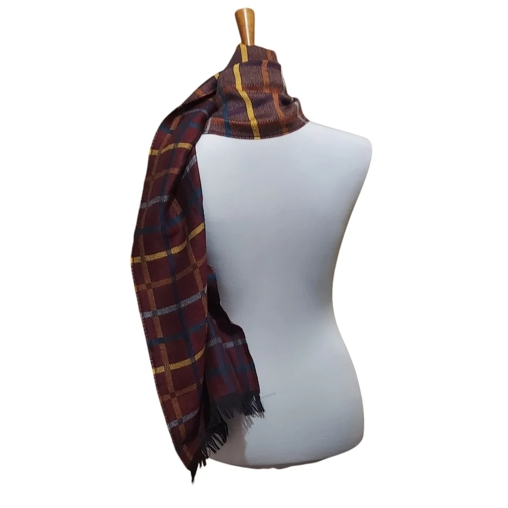 Chelsey by Joseph 100% Wool Burgundy Yellow Blue Plaid Fringed Scarf
